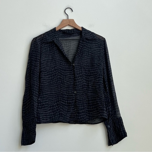 VTG Express Top Button Down Reptile Sheer Silk Slit Sleeve Whimsigoth Y2K 5/6 - Picture 1 of 12